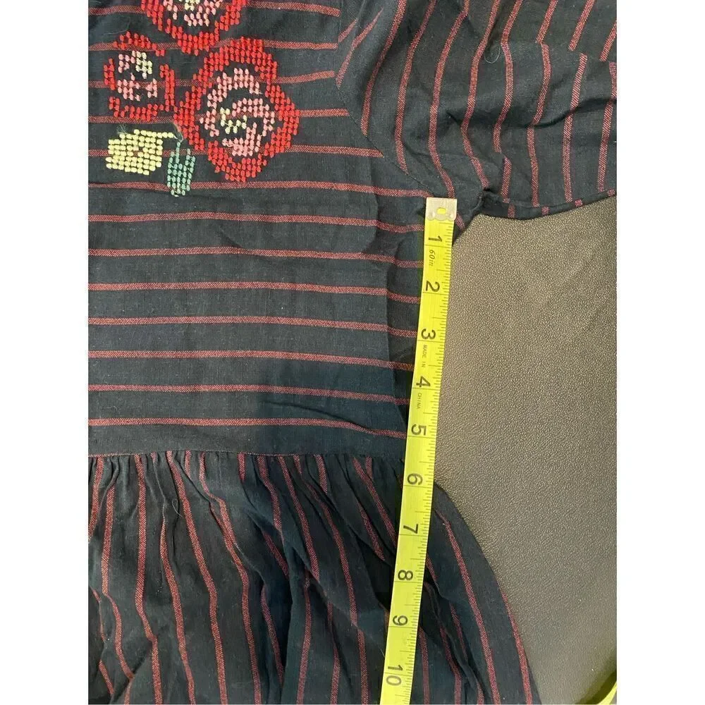 Bombay Paisley Dark Blue Red Stripe Floral Embroidered Button Down 3/4 Sleeve Mi - Picture 13 of 16